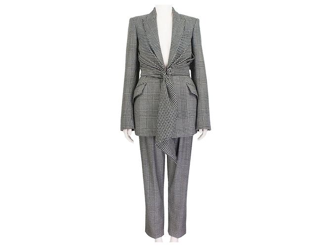 Alexander McQueen Houndstooth Draped Jacket Trouser Suit Black
