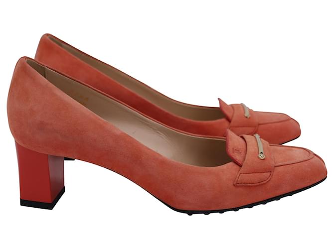 Zapatos de Salón Tod's con Tacón Cuadrado en Ante Coral Naranja Suecia  ref.1266097