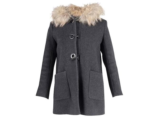 Sandro Fur Trimmed Hooded Coat in Grey Wool  ref.1266105
