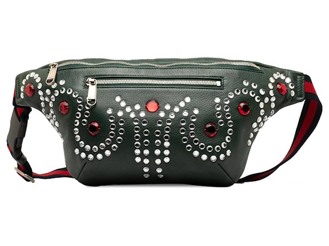 Gucci Green Crystal Embellished Web Belt Bag Dark green Leather Pony-style calfskin  ref.1266323