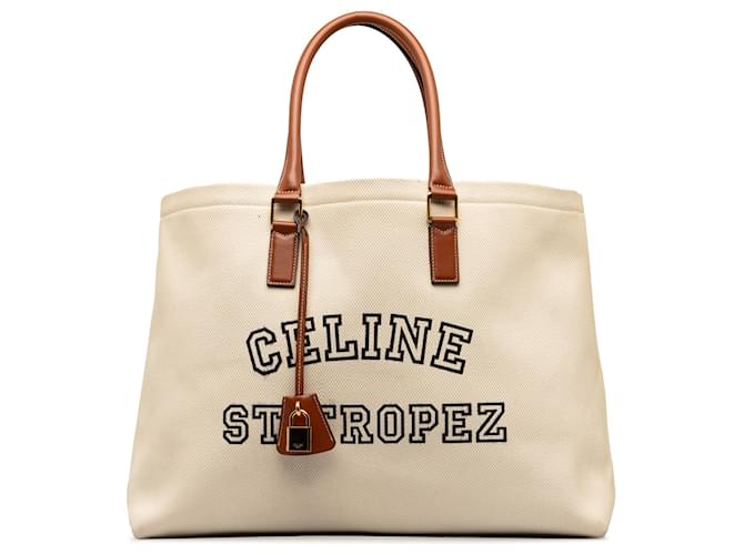 Céline Celine White St . Tropez Horizontale Cabas-Tasche Weiß Leinwand Tuch  ref.1266364