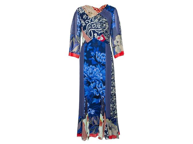 Vestido largo de seda con estampado múltiple en azul de Etro. Multicolor