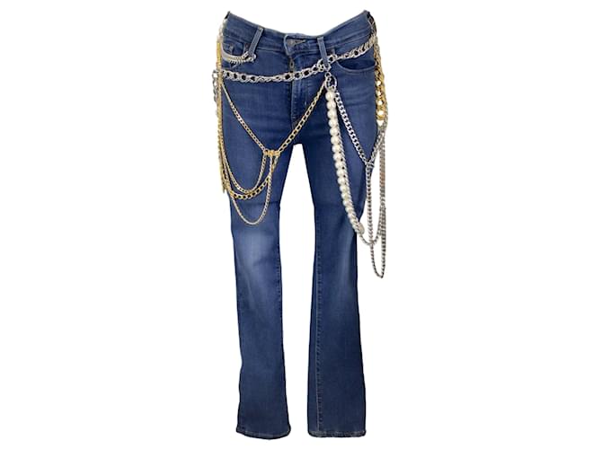 Autre Marque Junya Watanabe x Levis Azul / prata / Corrente de ouro e pérola embelezada 724 Jeans de cintura alta com perna reta Poliéster  ref.1268260