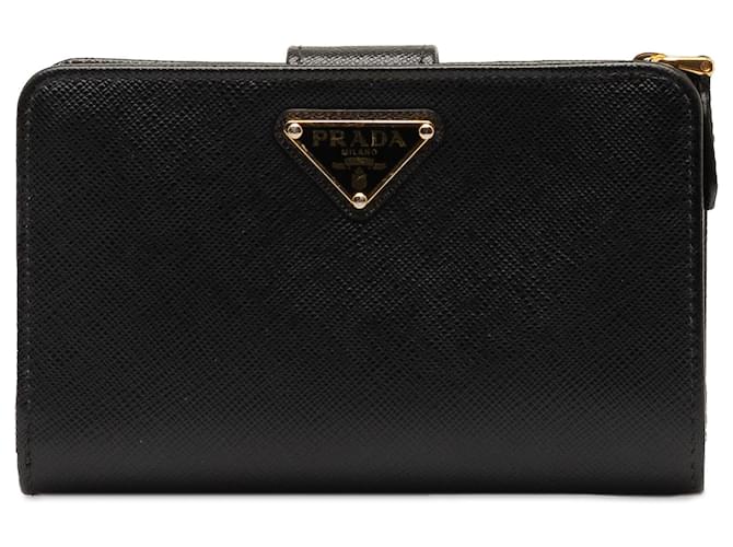 Black Prada Saffiano Leather Compact Wallet  ref.1268378