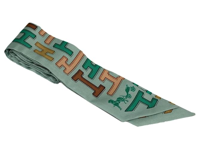Hermès Green Hermes H Twilly Silk Scarf Scarves  ref.1268405