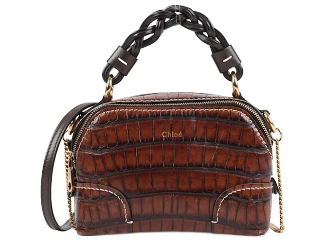 CHLOÉ Mini Croc-Embossed Leather Daria Top-Handle Bag Brown  ref.1268449