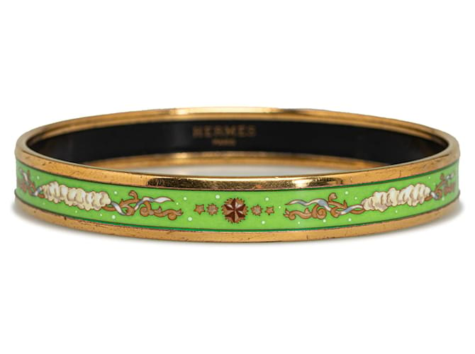 Grünes, schmales Emaille-Armband von Hermès, Kostümarmband Metall  ref.1268460