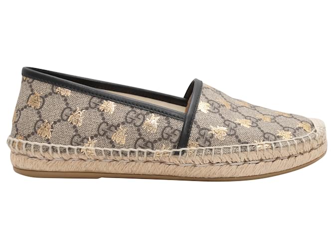 Zapatos planos de alpargatas con estampado de abeja y logotipo de Gucci en beige y negro 37.5 Lienzo  ref.1268497