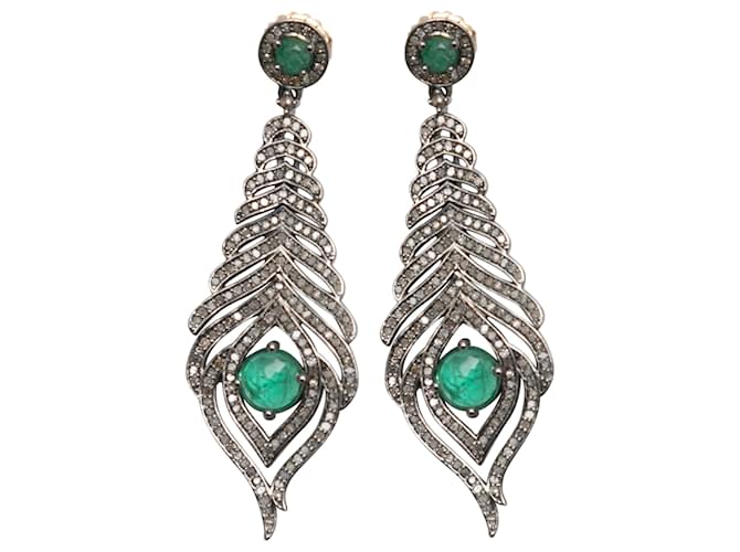 Autre Marque Emerald & Pave Diamond Bavna Drop Pierced Earrings Metal  ref.1268517