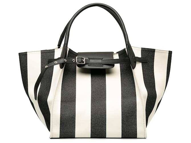 Big Bag Céline White Celine Medium Striped Canvas Big Satchel Leather  ref.1268542