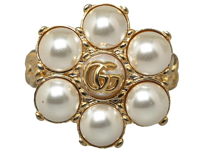 Gold Gucci Faux Pearl Double G Cocktail Ring Golden Metal  ref.1268574