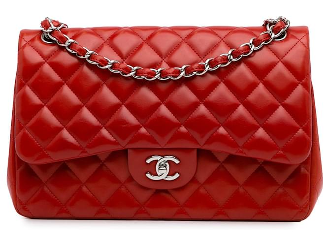 Bolsa de ombro com aba Chanel Jumbo Classic vermelha forrada de pele de cordeiro Vermelho Couro  ref.1268596