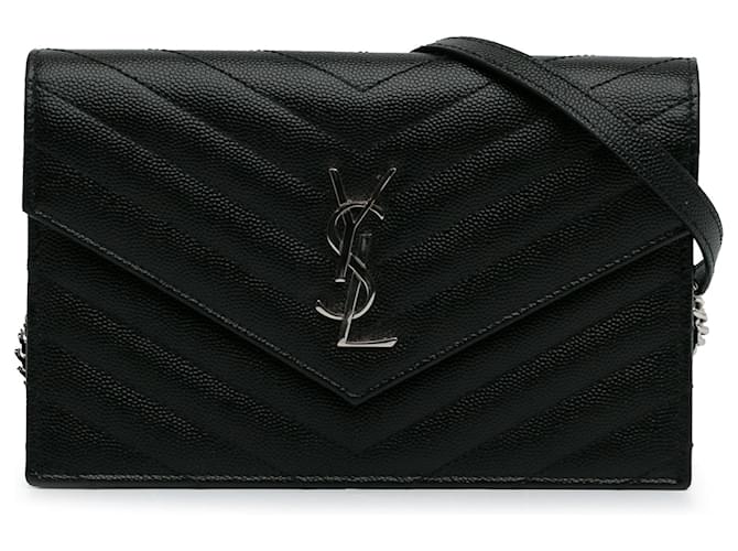 Schwarze Saint Laurent Umhängetasche aus genarbtem Kalbsleder mit Chevron-Monogramm-Geldbörse und Kette  ref.1268607