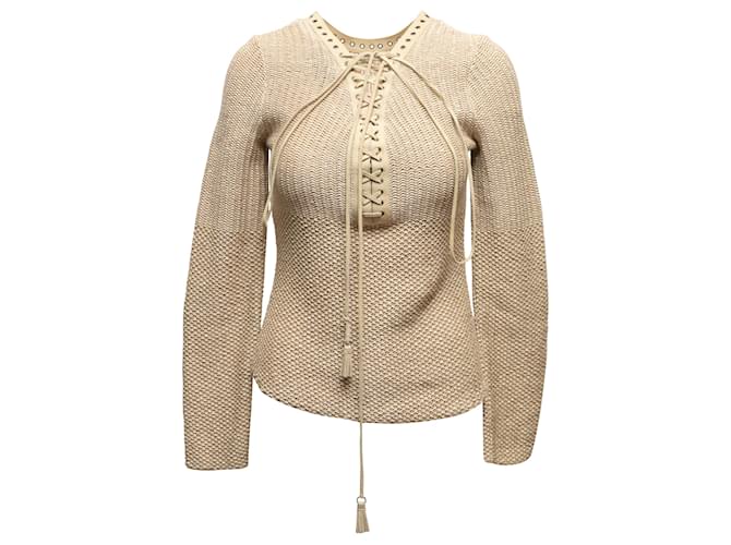 Suéter vintage bege Salvatore Ferragamo com acabamento em couro tamanho US S  ref.1268613