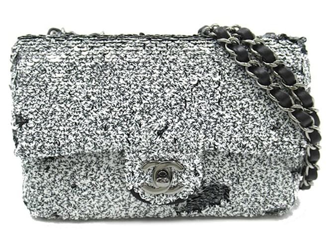 Silver Chanel Small Sequins Single Flap Crossbody Bag Silvery Leather  ref.1268679