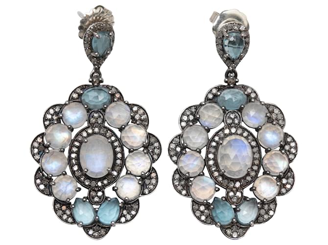 Autre Marque Boucles d'oreilles pendantes percées en labradorite Bavna bleu clair et pavé de diamants Métal  ref.1268691