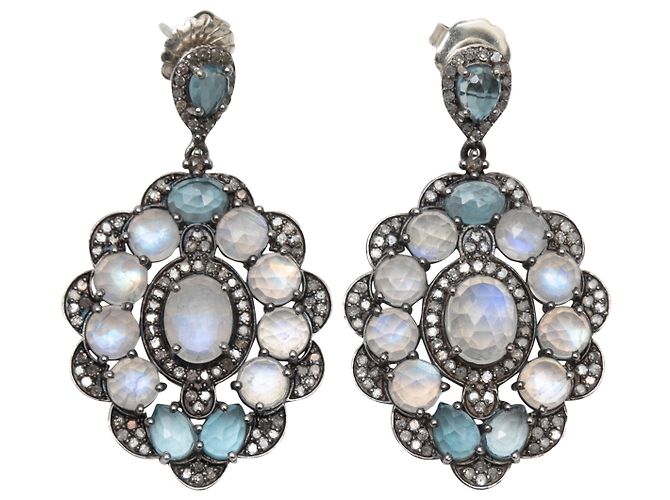 Autre Marque Orecchini pendenti con labradorite Bavna azzurra e pavé di diamanti Blu