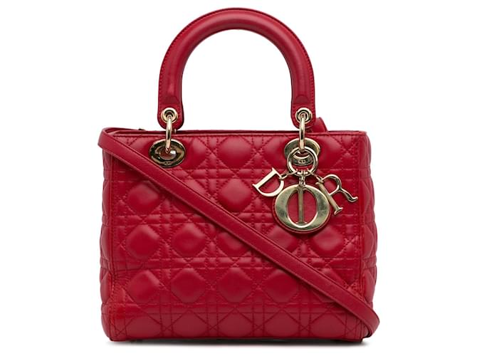 Bolsa Dior Cannage Lady Dior em pele de cordeiro média vermelha vermelha Vermelho Couro  ref.1268766