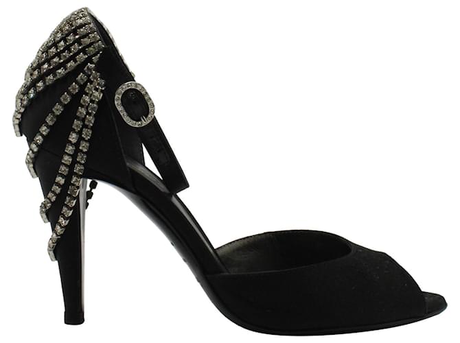 Sergio Rossi Diamante Embellished Peep-Toe Sandals in Black Suede  ref.1268920