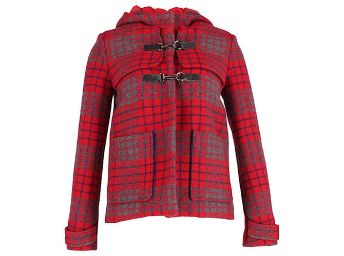Maje Hooded Checkered Coat in Red Wool  ref.1268930