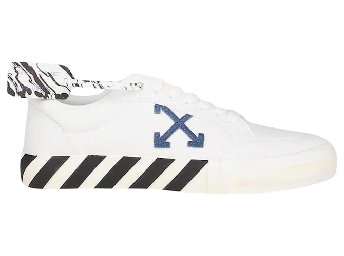 Off White Off-White Low Vulcanized Eco Canvas Sneakers - White Navy Blue Leather Pony-style calfskin  ref.1268944