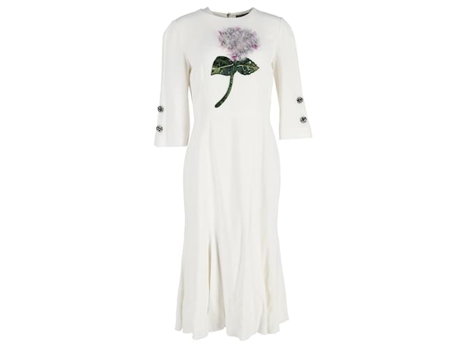 Dolce & Gabbana Kleid mit Hortensienstickerei und Ellenbogenärmeln aus weißem Polyester  ref.1268973