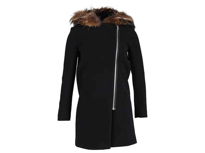Sandro Henry Fox Fur-Trimmed Coat in Black Wool  ref.1268975