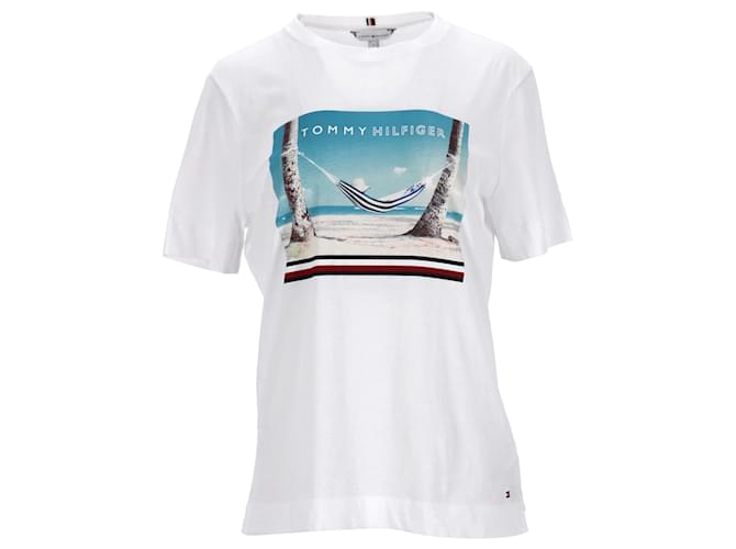 Tommy Hilfiger Camiseta con estampado de playa de algodón orgánico para mujer en algodón blanco  ref.1269120