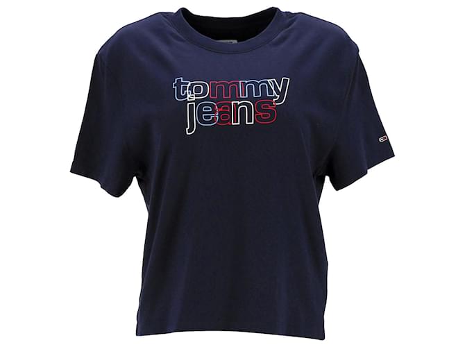 Tommy Hilfiger Womens Outline Logo Cropped Fit T Shirt in Navy Blue Cotton  ref.1269142