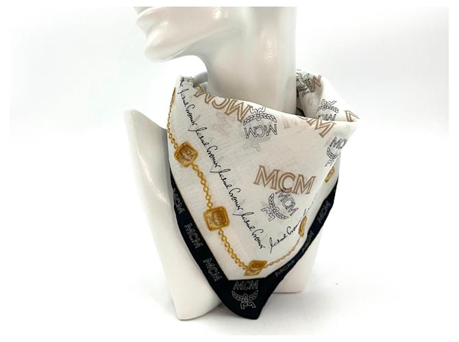 Bandana de algodão para senhora MCM, lenço branco preto com logótipo dourado.  ref.1269257