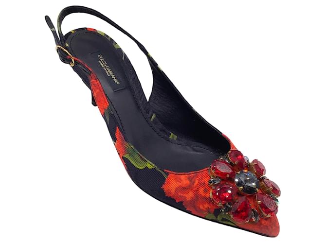 Autre Marque Dolce & Gabbana Rouge / Escarpins noirs en jacquard à bride arrière ornés de cristaux multi-fleurs et de cristaux Toile Multicolore  ref.1269298