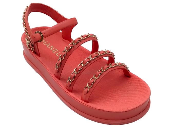 Autre Marque Chanel Coral / Gold CC Logo Chain Detail Flat Platform calf leather Leather Sandals Pink  ref.1269299