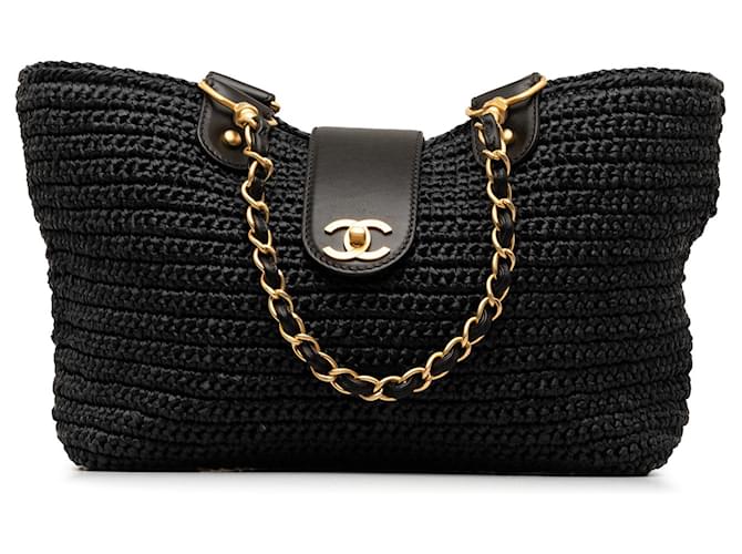 Black Chanel CC Straw Tote Bag Leather  ref.1269344