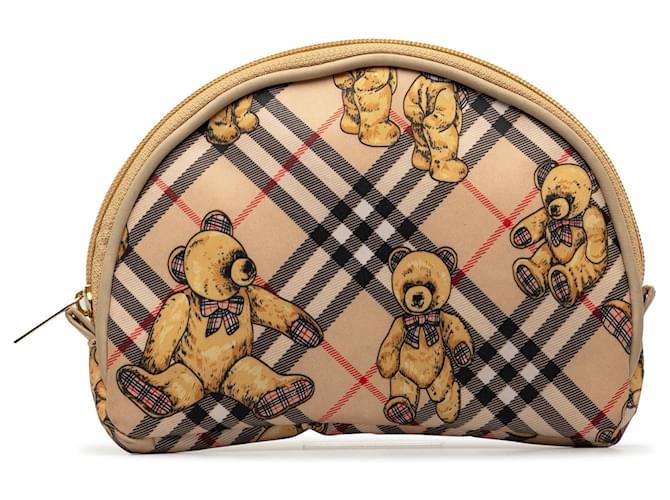 Brown Burberry Nova Check Bears Canvas Pouch Leather  ref.1269349