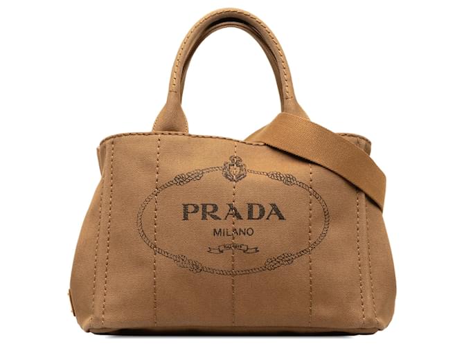 Bolso satchel canapa con logo de Prada en color canela Camello Lienzo  ref.1269528