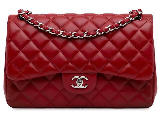 Bolsa de ombro com aba Chanel Jumbo Classic vermelha forrada de pele de cordeiro Vermelho Couro  ref.1269530