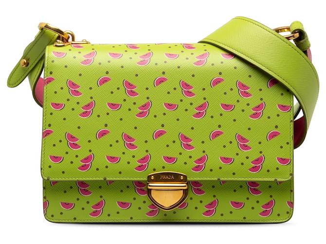 Green Prada Saffiano Watermelon Flap Crossbody Bag Leather  ref.1269544