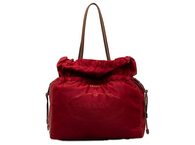 Red Prada Logo Tessuto Drawstring Tote Bag Leather  ref.1269564