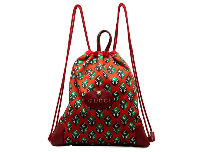 Roter Gucci-Rucksack mit Kordelzug und Neo-Vintage-Print Leder  ref.1269574