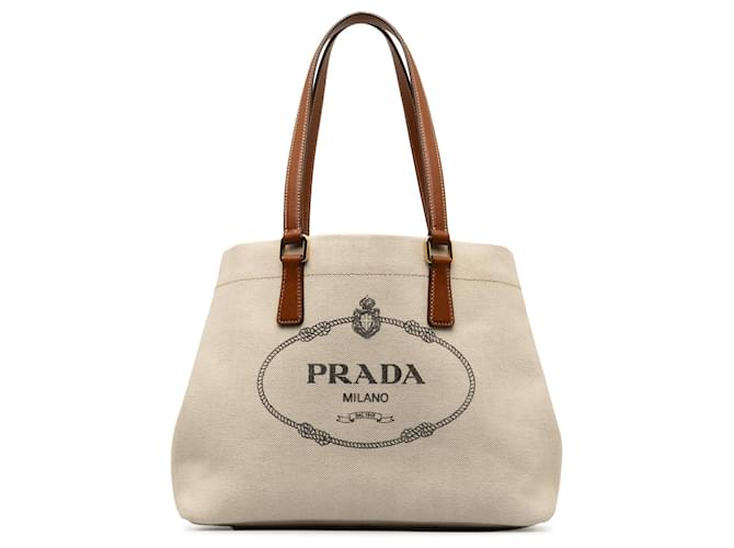 Beige Prada Canapa Logo Tote Bag Leather  ref.1269664