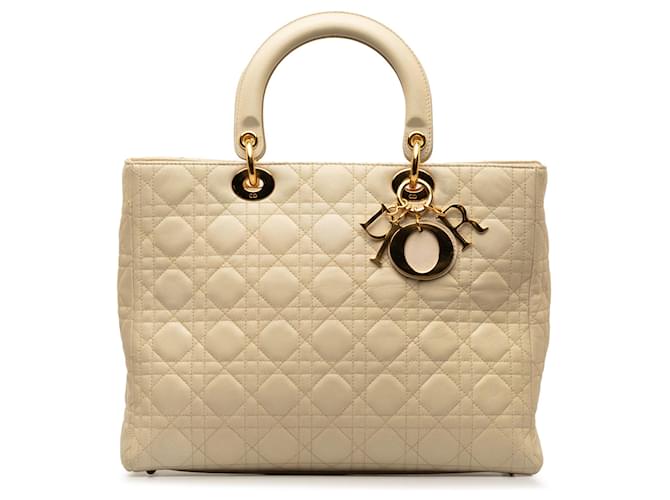 Beige Dior Large Lambskin Cannage Lady Dior Satchel Leather  ref.1269678