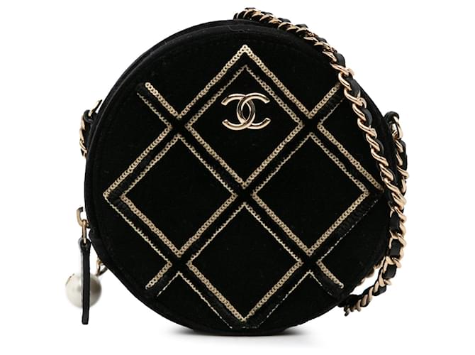 Bandolera redonda con lentejuelas y perlas de terciopelo Chanel negra Negro Cuero  ref.1269730