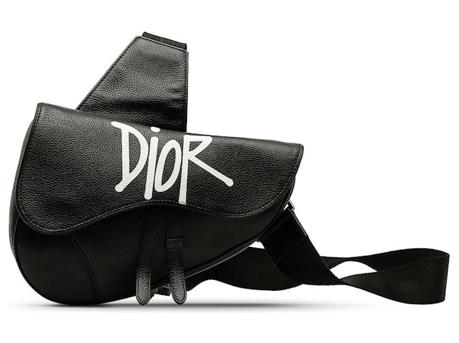 Black Dior x Stussy Bee Applique Saddle Crossbody Bag Leather  ref.1269759