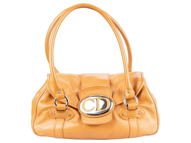 Bolsa de ombro com placa com logotipo do CD marrom Christian Dior Couro  ref.1269830