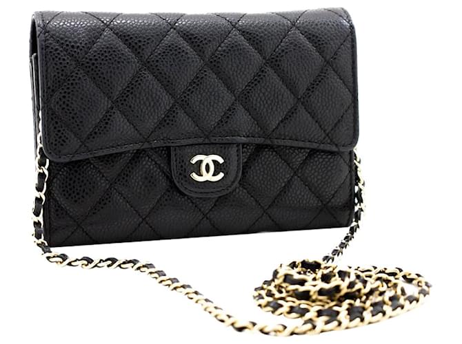 Wallet On Chain Chanel Piel de cordero negro 2018 cartera de caviar con cadena Cuero  ref.1269892