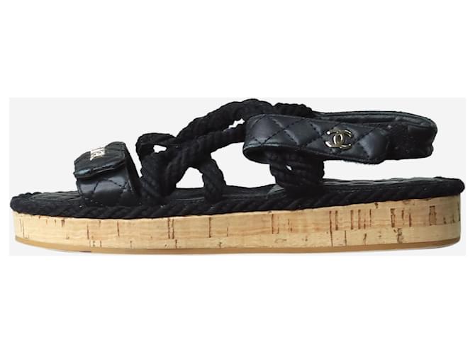 Chanel Sandálias de corda acolchoadas pretas - tamanho UE 37 Preto Couro  ref.1269918