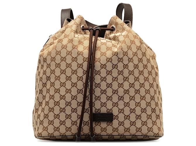 Gucci Brown GG Canvas Drawstring Backpack Beige Leather Cloth Pony-style calfskin Cloth  ref.1269988