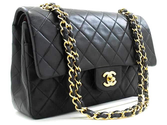 Chanel Classic gefütterte Klappe 10"Chain Shoulder Bag Black Lambskin Schwarz Leder  ref.1270098