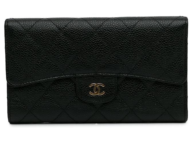 Black Chanel CC Caviar Trifold Wallet Leather  ref.1276526