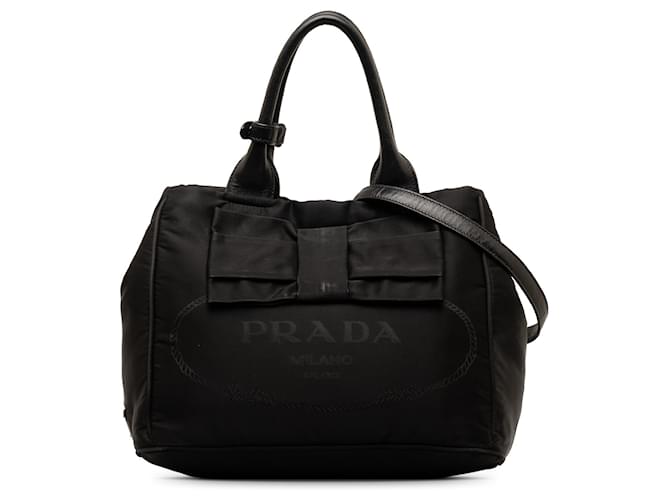 Bow Bolso satchel negro con lazo Fiocco y logo Tessuto de Prada Cuero  ref.1276528